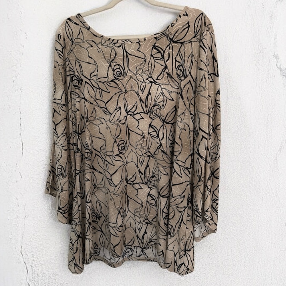 New Directions Women’s Floral Print Long Sleeve Blouse Size XL Tan and Black